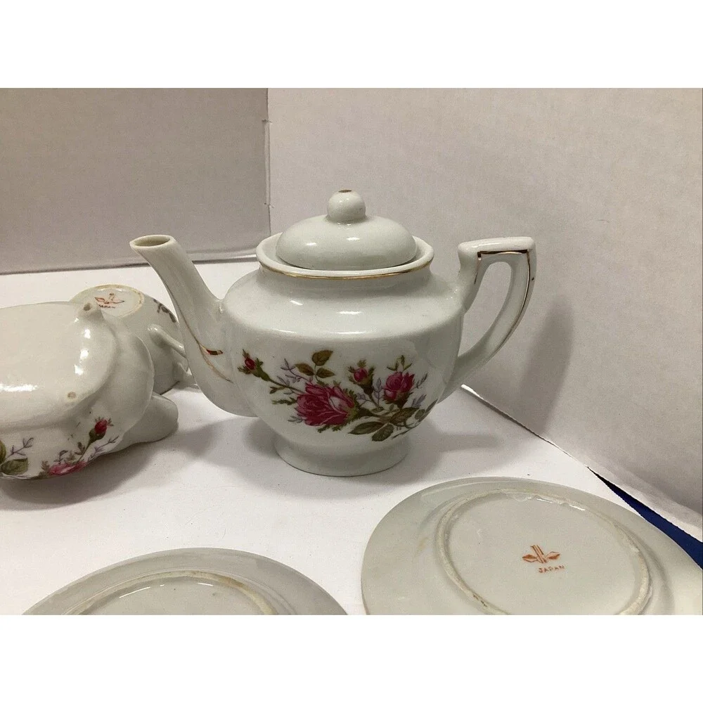 1950s vtg child tea set moss rose 28 pcs miniature bone china Japan crane